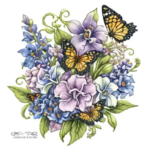 Sweet Pea Flower & Larkspur Wildflower Bouquet With Small Butterflies Surrounding