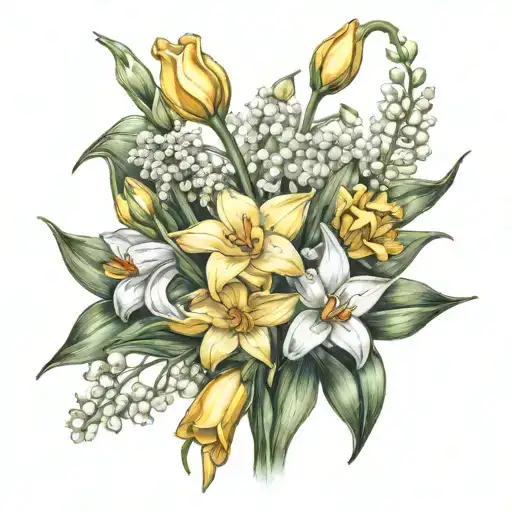 Daffodil Lily Of The Valley Carnation Bouquet Tied