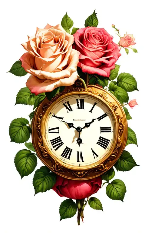 Time Clock And Roses Growing With Roman Numerals