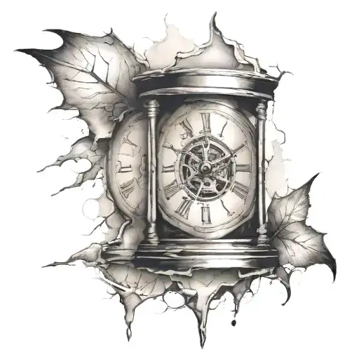 Clock With Cracks And Hourglass