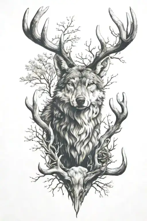 Wolf And Deer Antlers