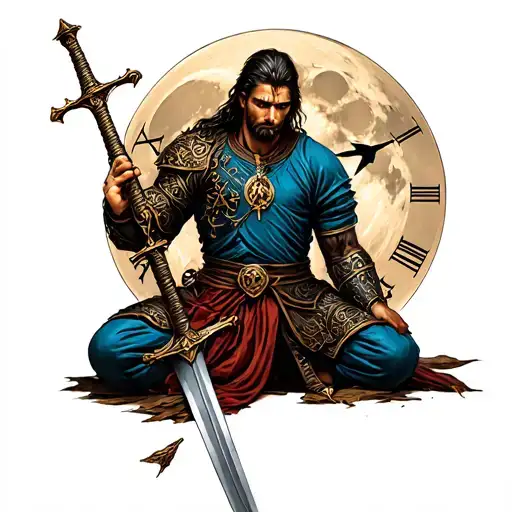 Warrior Holding A Sword On His Knees With The Moon On The Back With Clock Representing Time