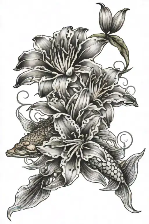 Lilium Flowers Koi Fish Chicana Mandala Design Incorporating