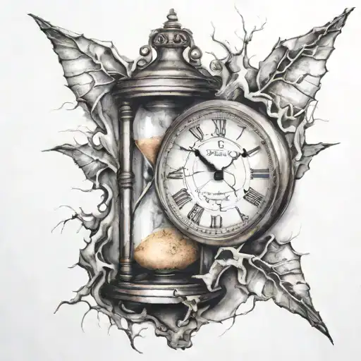 Clock With Cracks And Hourglass