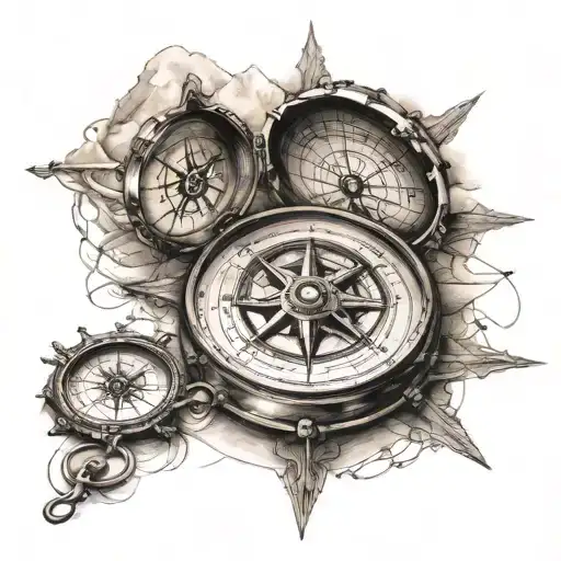 I Want A Pirate Compass With Decent Detail And Detailed Shading With Moutains Blened Behind It