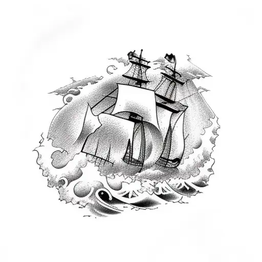 Pirate Ship With Waves Crashing With Jesus Cross