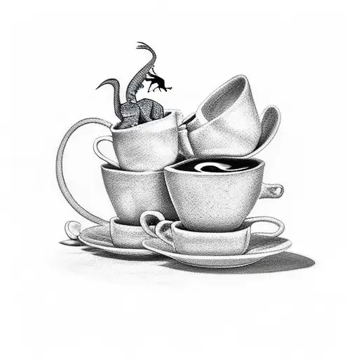 A Realistic Tattoo Of A Dinosaur Family Enjoying A Cup Of Coffee Together