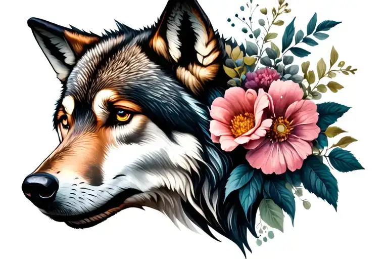 Wolf Head With Flowers