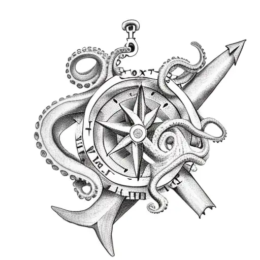 Octopus Wrapped Around An Anchor And A Map Compass