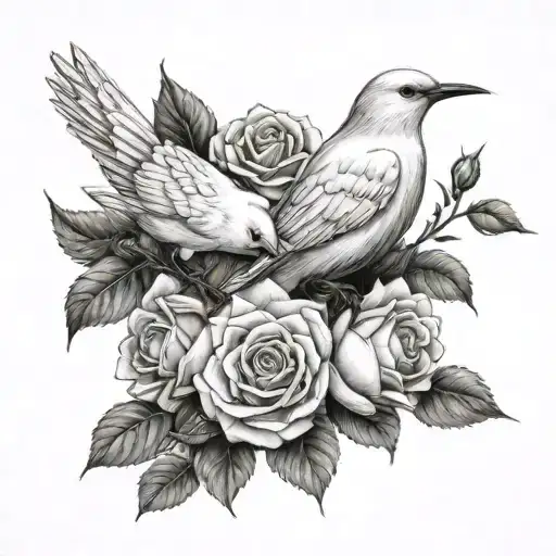 White Bird And Roses Growing