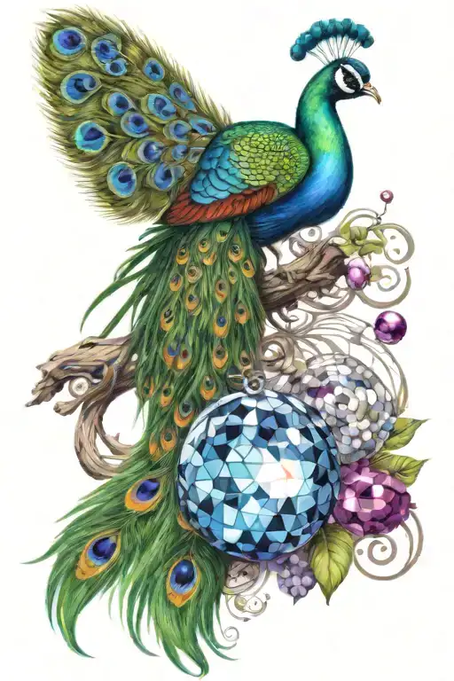 Peacock With Big Colorful Feathers And Disco Ball