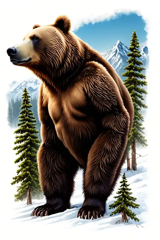 Grizzly Bear Standing With Pine Trees And Mountains