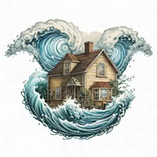 A House With A Light On In The Middle Of Water Waves