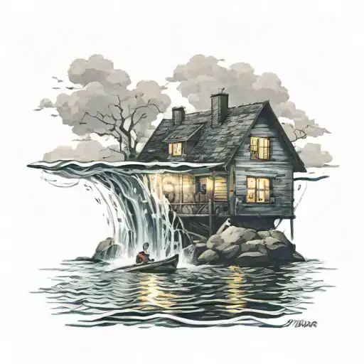 A House With A Light On In The Middle Of Water With A Man Paddling A Small Boat