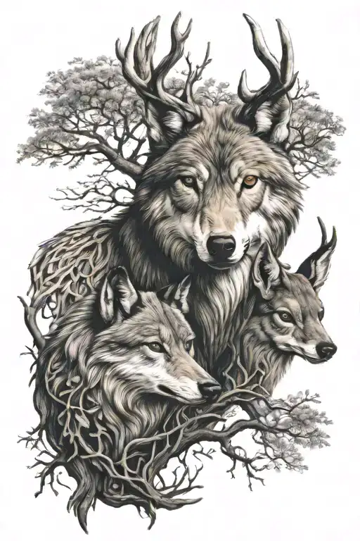 Wolf And Deer Head With Tree Of Life Intertwined