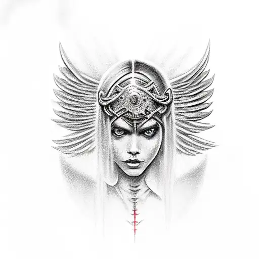 Rising Dark Angel With Open Inflamed Iron Wings