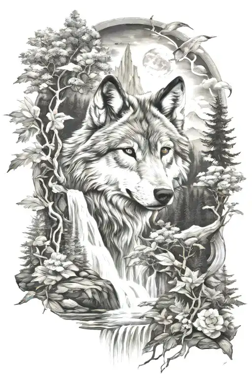 Wolf And Nature Scene Waterfall Flowing