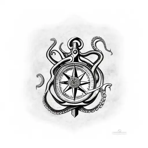 Octopus Wrapped Around An Anchor And Crushing A Map Compass