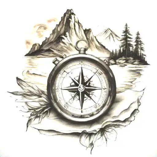 Mountains And Beach With Compass
