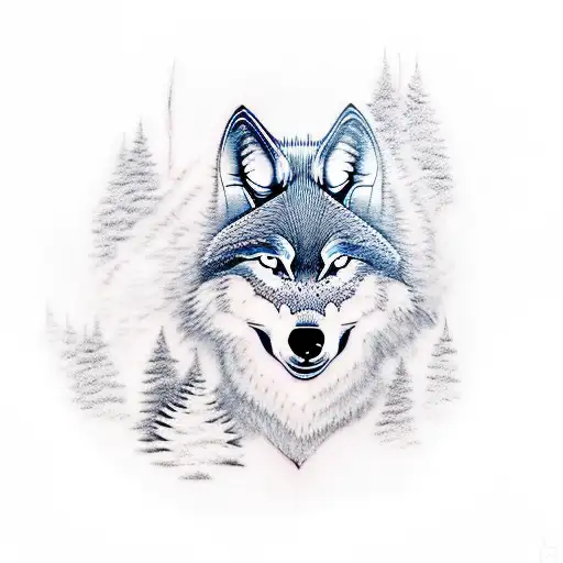 A New-school Style Tattoo Of A Wolf Howling At A Full Moon In A Forest