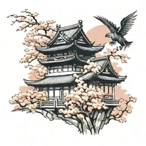 Japanese Castle With Dragon And Sakura
