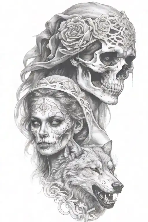 Skulled Face Lady With The Wolf
