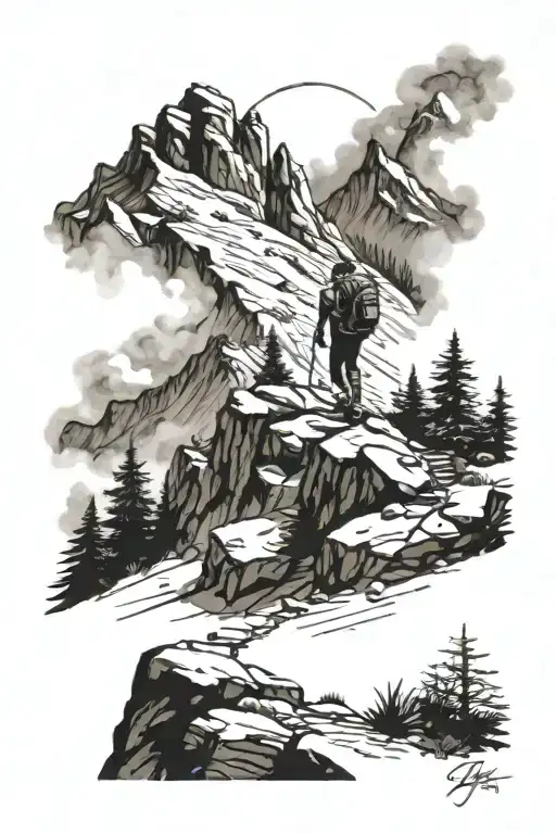 Trail Up A Mountain With A Hiker