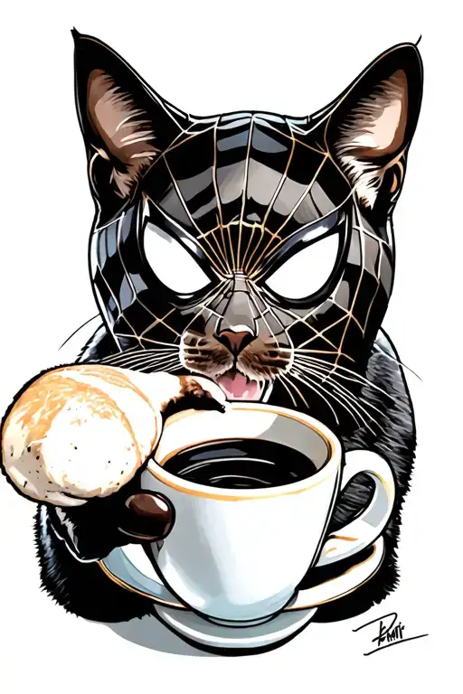 Spiderman Drinking Coffee And A Cat