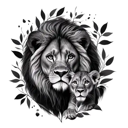 Lion And Cub Surrounded By Shadowed Leaves Intertwined