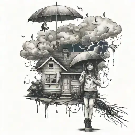 Emo Girl With Umberella Clouds And Rain With A Broken House In Background