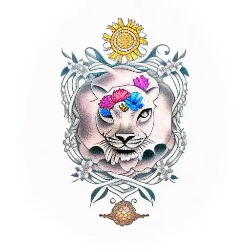 African Tattoo With Lili Flowers Surrounded By Ocean And The Dessert