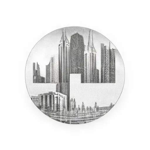 A City Skyline Reflected In The Rearview Mirror Of A Vintage Car