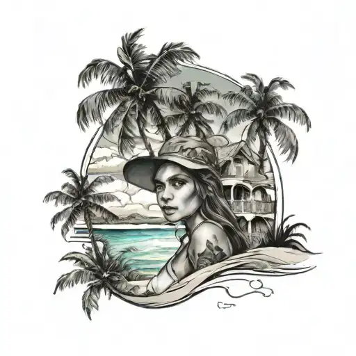 Portrait Of A Girl Overlapping The Beach With The Sea And Palm Trees