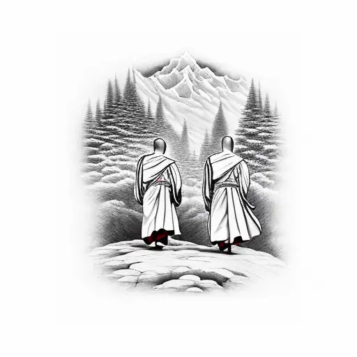 2 Monks On Separate Paths Walking Down A Mountain