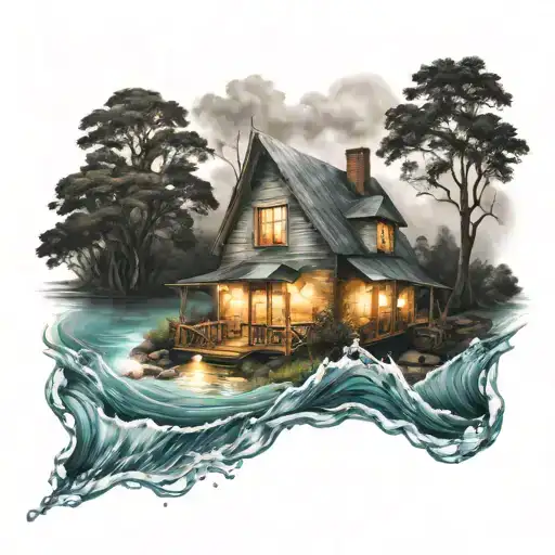 A House With A Light On Surrounded By Water