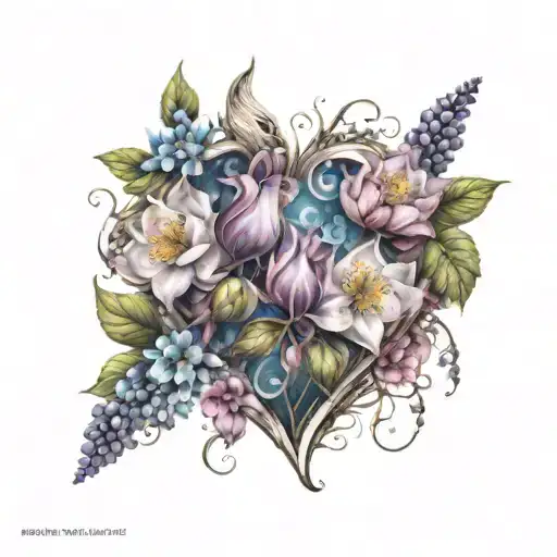 Heart Surrounded By Colorful Flowers Growing Together Wisteria And Lotus And Blue Rose