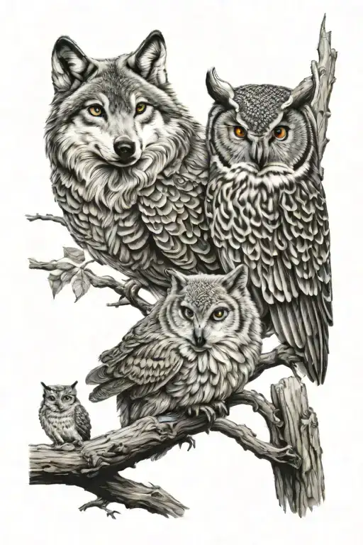 Wolf And Owl Perched