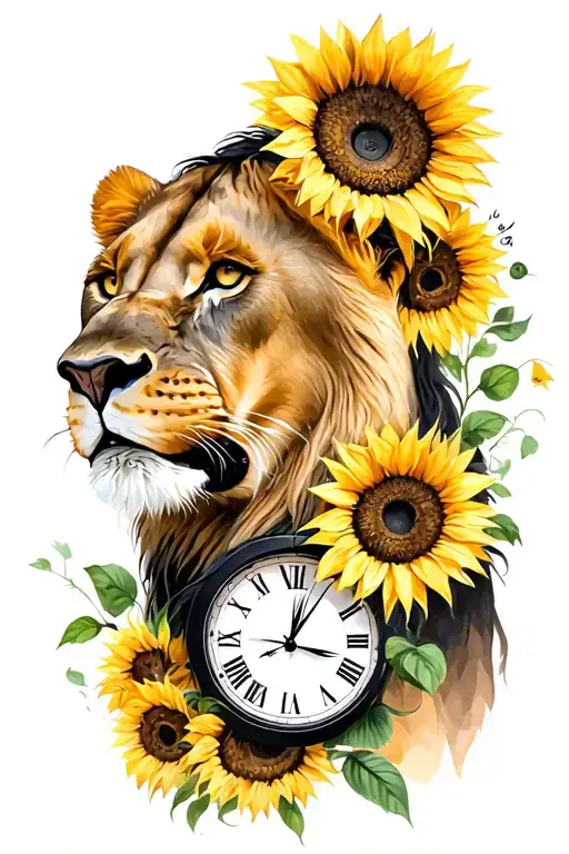 Lioness With Sunflowers And Birthday Clocks