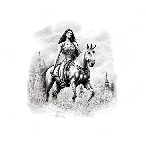 Tattoo With A Bulgarian Woman On A Horse In Front Of The Castle Of Tsar Kaloyan