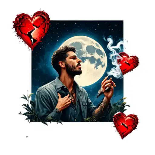 Broken Heart And Man Smoking Looking At The Moon