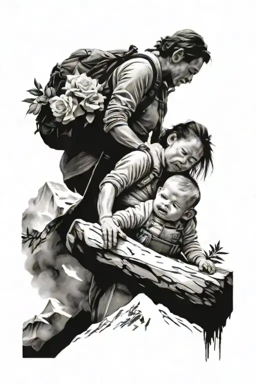 Sleeve Tattoo Featuring A Baby And Mother Climbing To The Top Of Mount Everest And Roses