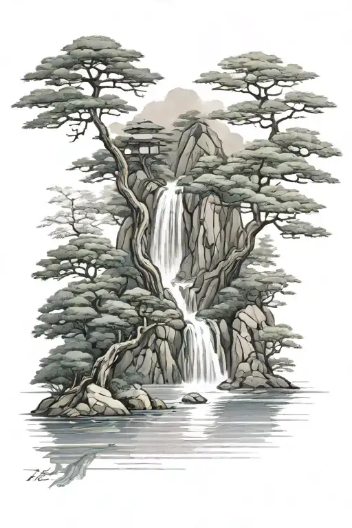 Japanese Style Landscape With Trees And Water Flowing