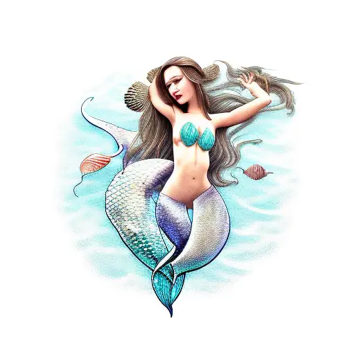 Mermaid Swimming Up Long Hair And A Shell Biquini