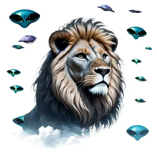 Lion With Aliens All Over The Sky
