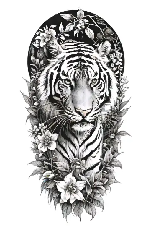 Tiger In The Rainforest With Flowers All Around