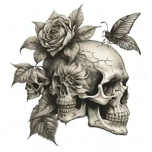 Sunflower And A Rose Growing Out Of A Skull