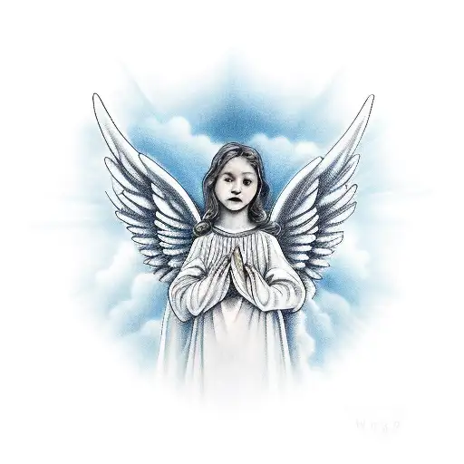 A Tattoo Of A Guardian Angel Watching Over A Family With A Cloudy Sky Background
