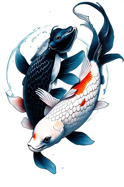 A Black Koi Carp And Another White That Goes In Circles With Geometr Features