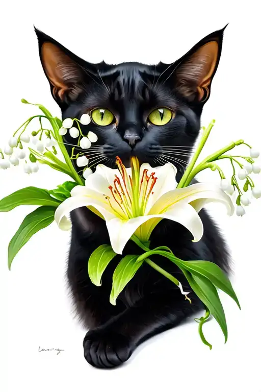 Black Female Cat Holding Lily Of The Valley Flower