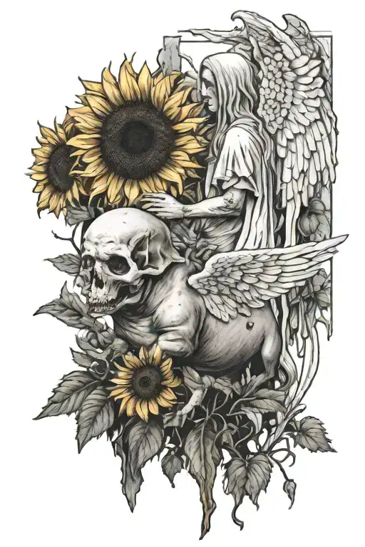 An Angel Standing Behind A Rotting Pig Corpse With Sunflowers Growing Out Of It